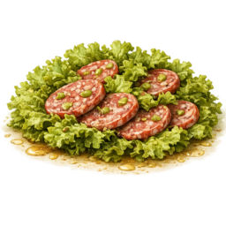 Olivendurchzogene Schafswurst mit Olivendressing über Salat.png